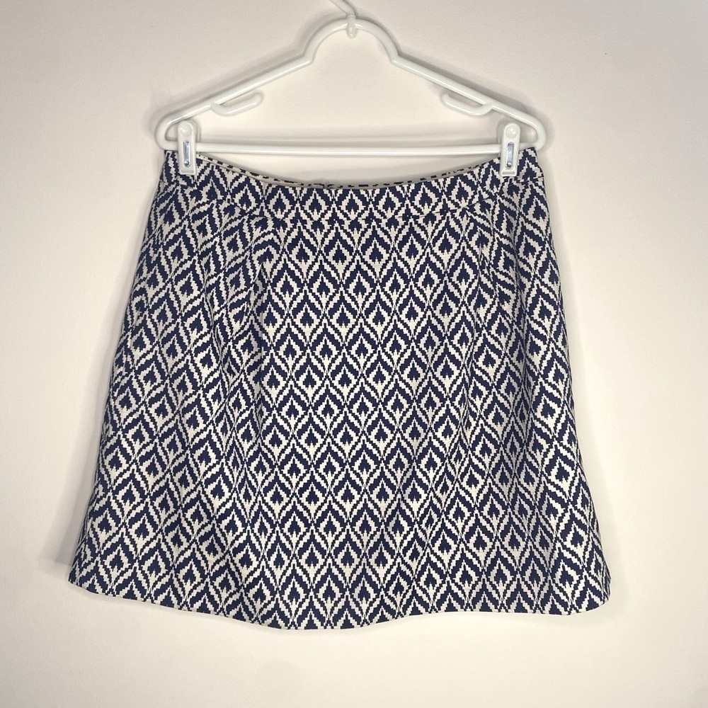 J Crew Ikat Blue and White Pleated Skirt With Pockets Size 10 Office Preppy